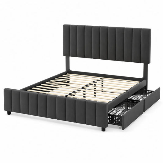 Lit double en similicuir avec sommiers en bois et tiroirs de rangement 140x200 cm