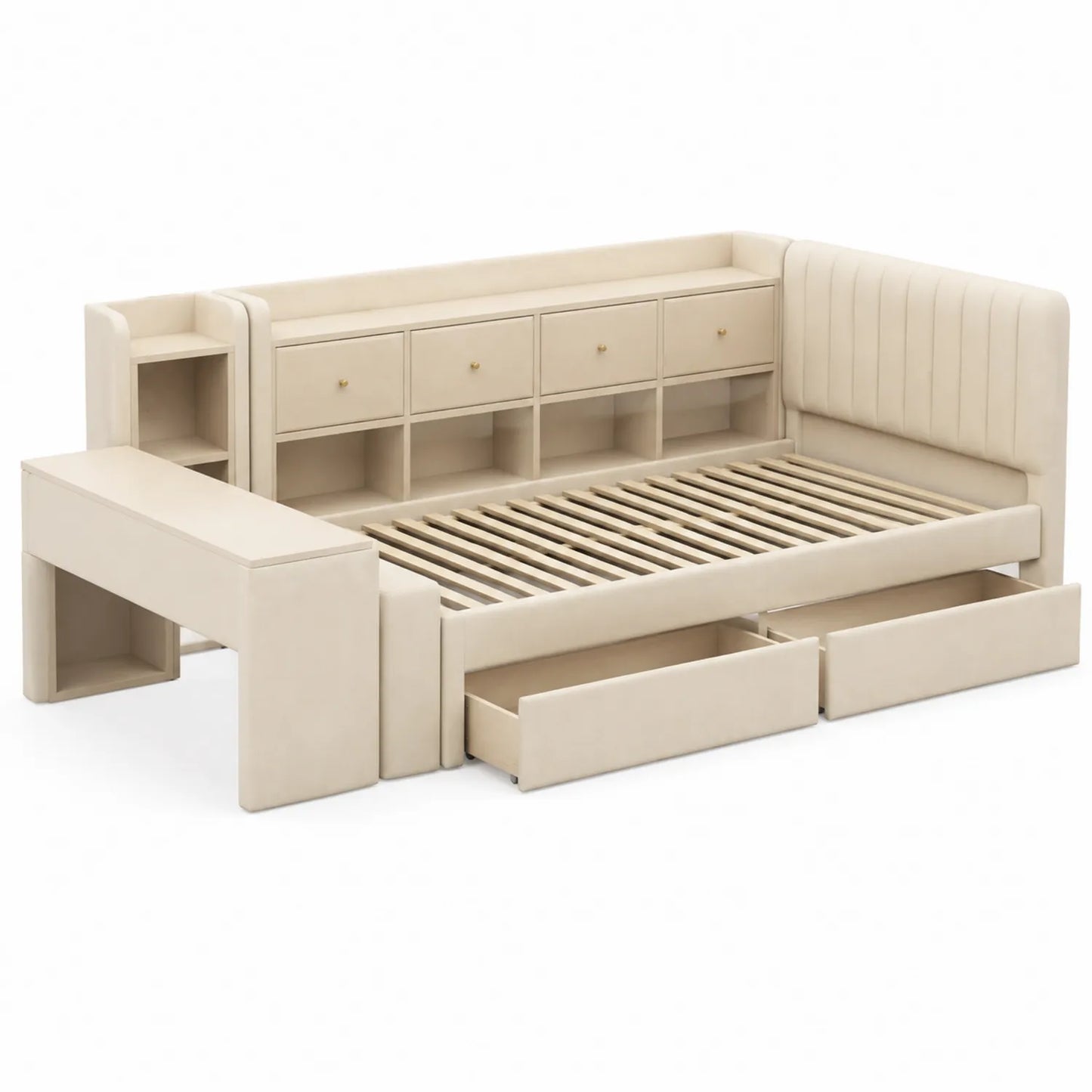 Lit multifonction en bois et tissu beige avec rangement, 200x90 cm