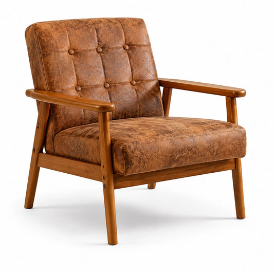 Fauteuil en bois et similicuir marron