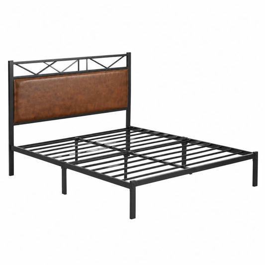 Lit double en métal avec tête de lit en similicuir marron 200x140 cm