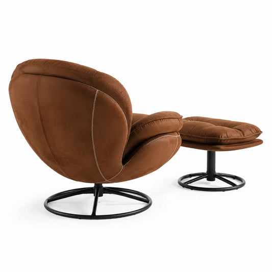 Fauteuil pivotant en microfibre marron avec repose-pieds, cadre en métal